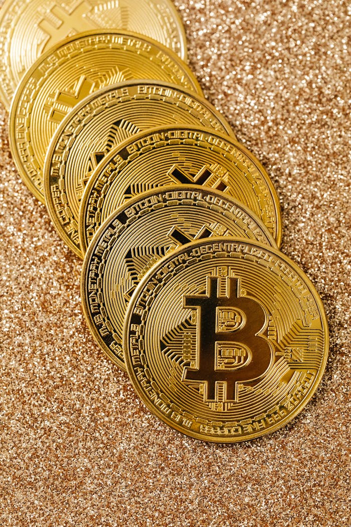 Golden Bitcoin cryptocurrency coins stacked on a glittering surface representing digital wealth and blockchain.